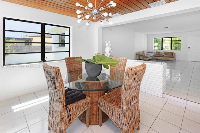 dining room featuring light tile patterned flooring, visible vents, wood ceiling, and an inviting chandelier