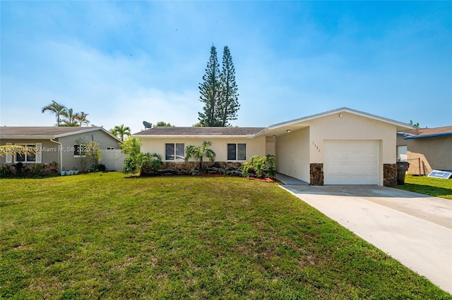 ranch-style home featuring a front lawn, concrete driveway, stucco siding, stone siding, and an attached garage