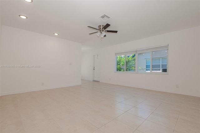 unfurnished room with visible vents, recessed lighting, baseboards, and ceiling fan