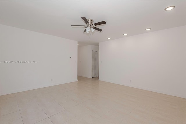 unfurnished room with recessed lighting, baseboards, and a ceiling fan