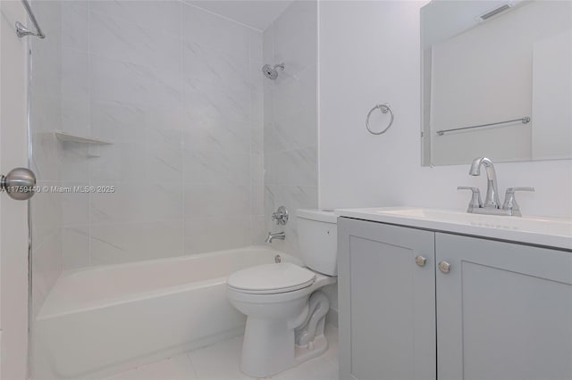 full bathroom featuring tile patterned floors, visible vents, toilet, shower / washtub combination, and vanity