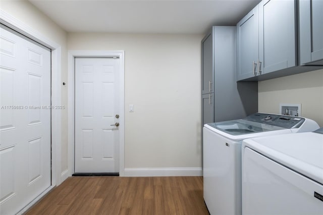 9720 Biscayne Blvd, Miami Shores, FL 33138 - clothes washing area featuring wood finished floors, cabinet space, washer and dryer, and baseboards