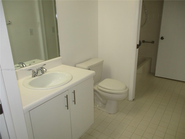 full bath featuring shower / bathtub combination, toilet, and vanity