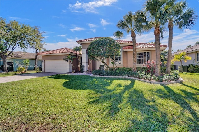 mediterranean / spanish-style house with an attached garage, a front lawn, fence, stucco siding, and driveway