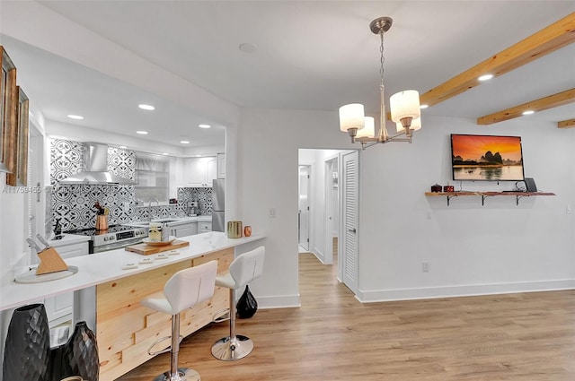 kitchen with a peninsula, stainless steel appliances, decorative backsplash, light countertops, and wall chimney range hood