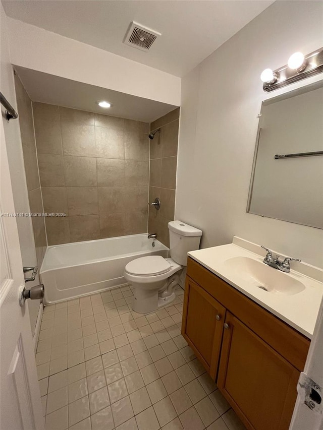 bathroom featuring visible vents, toilet, shower / bath combination, tile patterned floors, and vanity