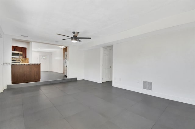 unfurnished living room featuring visible vents, baseboards, and a ceiling fan