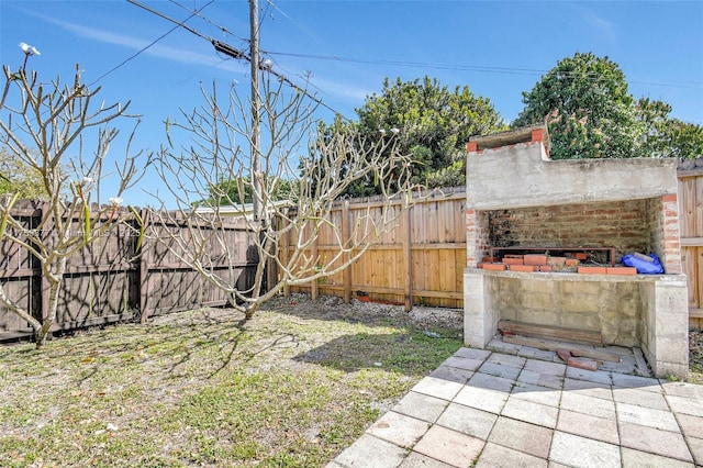 view of yard featuring a fenced backyard and a fireplace