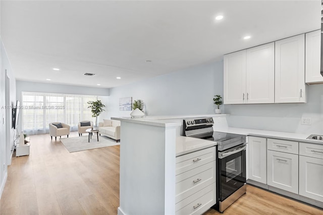 kitchen featuring a peninsula, light wood-style flooring, light countertops, and stainless steel range with electric cooktop