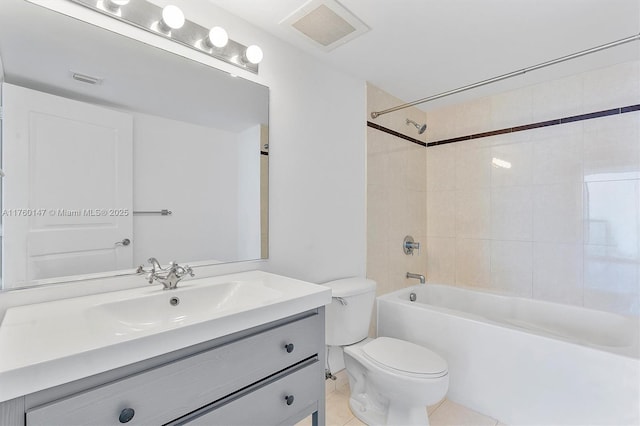 full bath with tile patterned floors, visible vents, toilet, vanity, and shower / bathtub combination