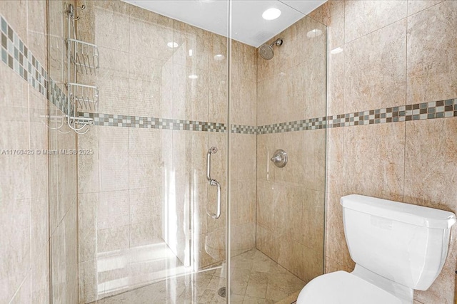 full bathroom with toilet and a shower stall