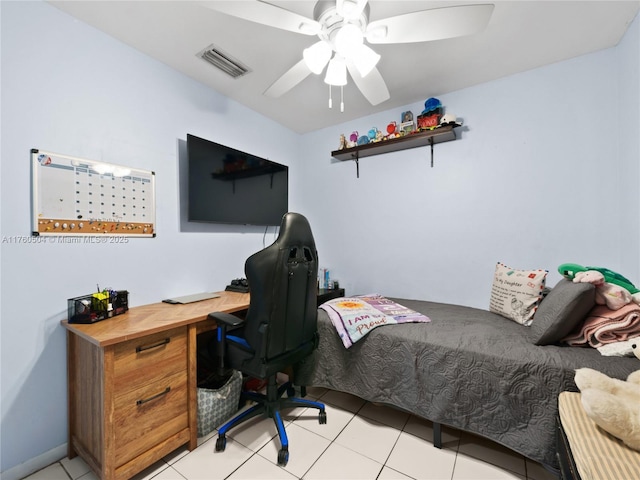 bedroom with light tile patterned floors, visible vents, and ceiling fan