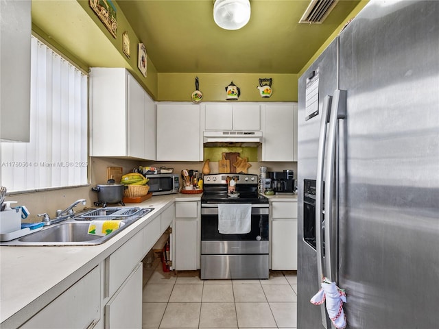 kitchen with visible vents, a sink, under cabinet range hood, appliances with stainless steel finishes, and white cabinets