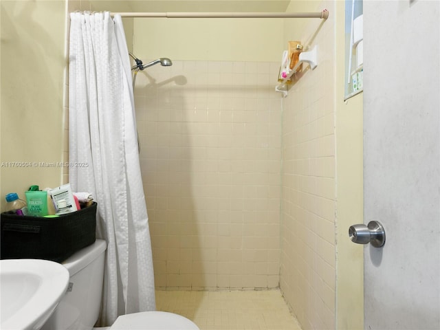 full bathroom featuring toilet, a stall shower, and a sink