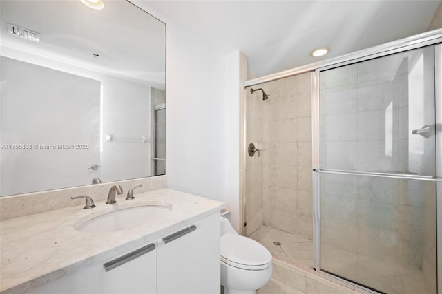 bathroom with vanity, visible vents, recessed lighting, a shower stall, and toilet