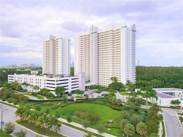 view of building exterior with a city view