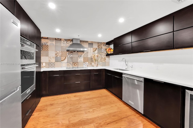 kitchen with dishwasher, modern cabinets, wall chimney exhaust hood, and open shelves