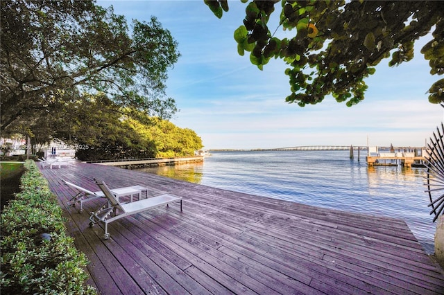 view of dock with a water view