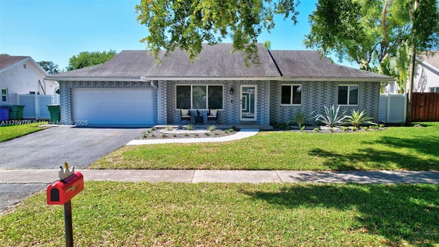 ranch-style house featuring a front yard, fence, driveway, a garage, and brick siding