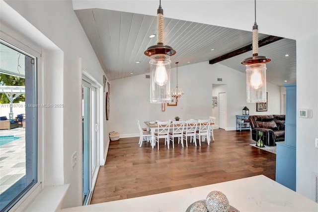 dining room with wood ceiling, vaulted ceiling with beams, wood finished floors, and recessed lighting