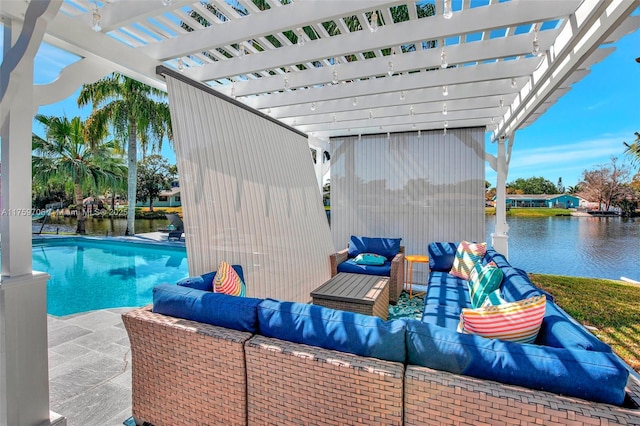 view of patio / terrace with an outdoor living space, an outdoor pool, a water view, and a pergola