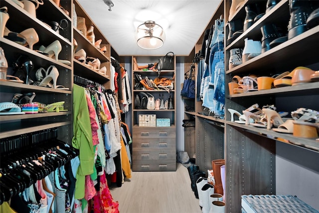 walk in closet with wood finished floors