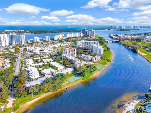 aerial view with a water view and a view of city