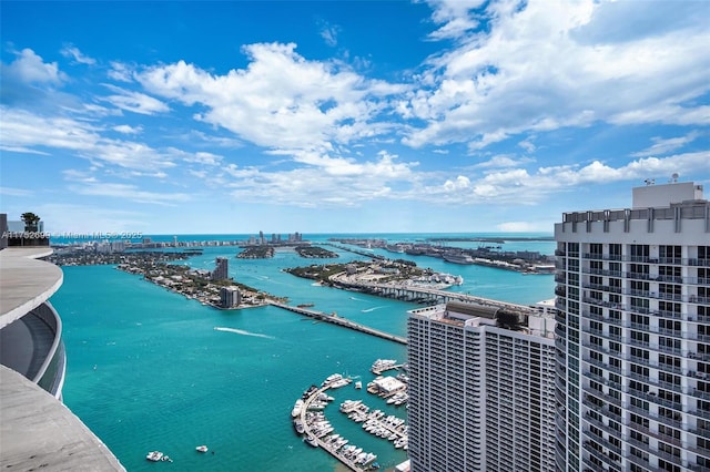 aerial view featuring a city view and a water view