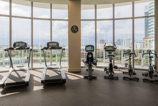 exercise room featuring a wall of windows, a view of city, and plenty of natural light