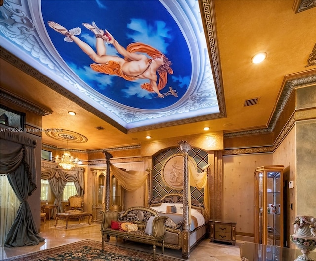 bedroom featuring a tray ceiling, baseboards, visible vents, and ornamental molding