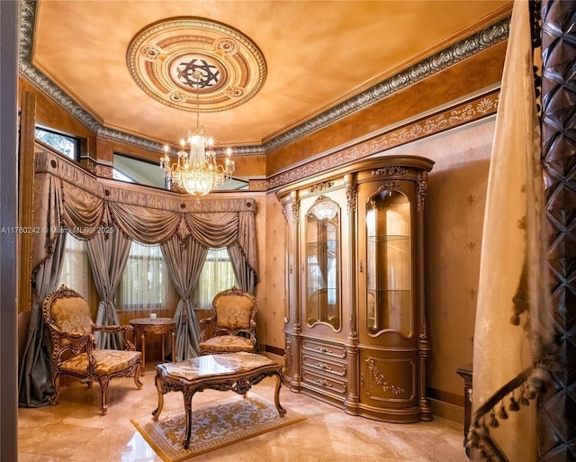 sitting room featuring baseboards, an inviting chandelier, and ornamental molding