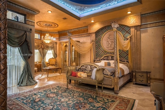 bedroom with an inviting chandelier and crown molding