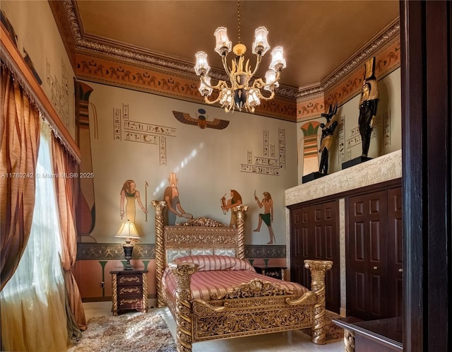 bedroom with a notable chandelier and wainscoting