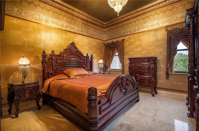 bedroom with wallpapered walls, multiple windows, and baseboards