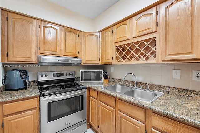 kitchen featuring a sink, backsplash, under cabinet range hood, and stainless steel appliances