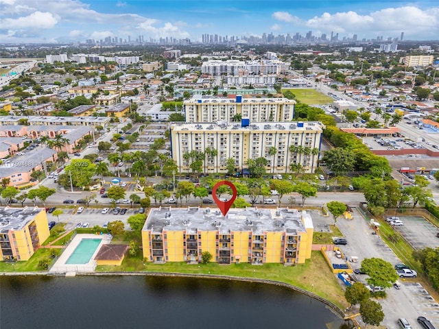 bird's eye view with a water view and a city view