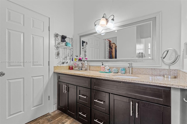 bathroom featuring a sink, wood finished floors, and double vanity