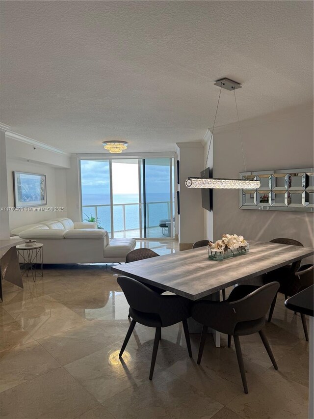 dining area with floor to ceiling windows, a textured ceiling, and crown molding