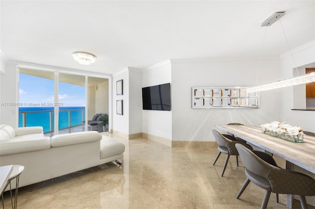 living area featuring floor to ceiling windows, ornamental molding, and baseboards