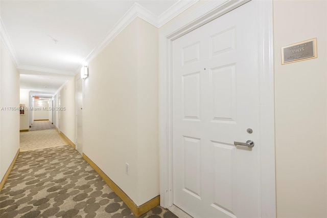 hallway featuring crown molding and baseboards