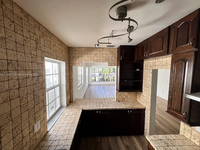 kitchen featuring dark brown cabinets, dark wood-type flooring, light countertops, rail lighting, and open shelves