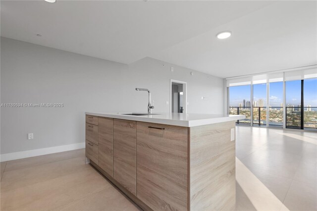 kitchen with modern cabinets, a sink, floor to ceiling windows, light countertops, and baseboards