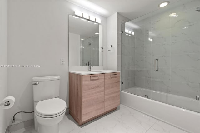 full bathroom with vanity, baseboards, shower / bath combination with glass door, toilet, and marble finish floor