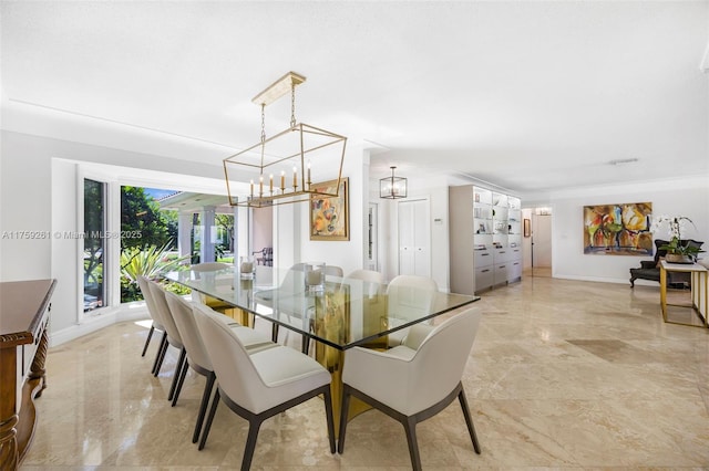 1117 Bella Vista Ave, Coral Gables, FL 33156 - dining area featuring baseboards, an inviting chandelier, and marble finish floor
