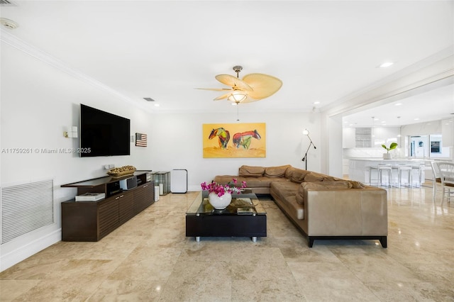 1117 Bella Vista Ave, Coral Gables, FL 33156 - living room featuring recessed lighting, visible vents, a ceiling fan, crown molding, and baseboards