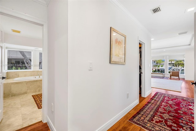 1117 Bella Vista Ave, Coral Gables, FL 33156 - hallway featuring wood finished floors, visible vents, baseboards, and ornamental molding