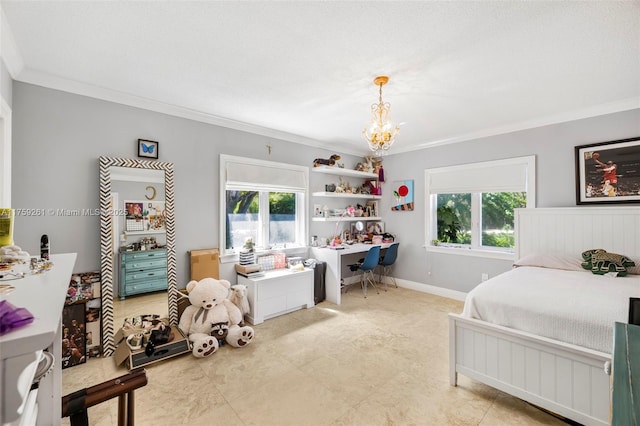 1117 Bella Vista Ave, Coral Gables, FL 33156 - bedroom featuring crown molding, baseboards, and a notable chandelier