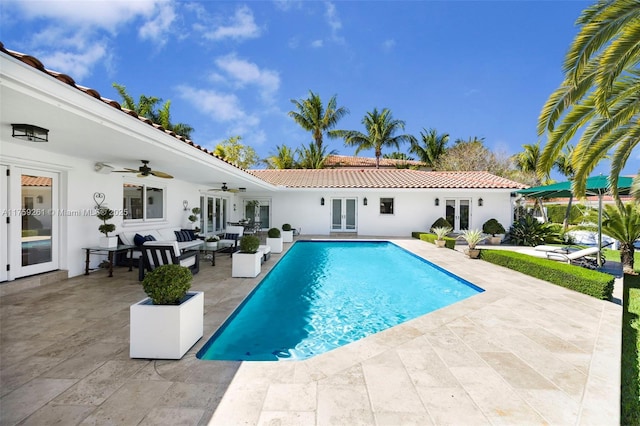 1117 Bella Vista Ave, Coral Gables, FL 33156 - pool with an outdoor hangout area, french doors, a patio area, and a ceiling fan