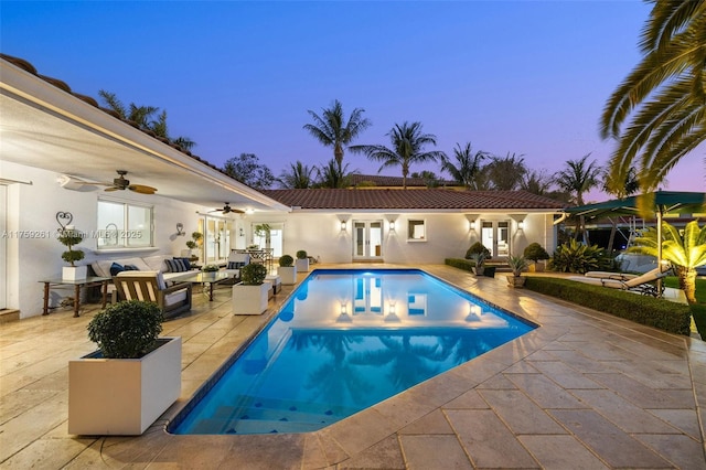 1117 Bella Vista Ave, Coral Gables, FL 33156 - outdoor pool featuring a ceiling fan, outdoor lounge area, french doors, and a patio
