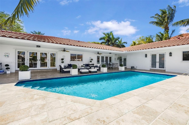 1117 Bella Vista Ave, Coral Gables, FL 33156 - outdoor pool featuring a patio area, an outdoor living space, a ceiling fan, and french doors